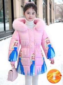SHEIN Tween Girl Sweet Princess Style Pink Fur Collar Fashionable Mid-Length Drawstring Hooded Padded Coat, Winter