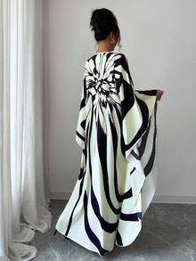 Elenzga Women's Floral Print Striped V-Neck Batwing Sleeve Loose Fashion Dress - Black and White - View 2