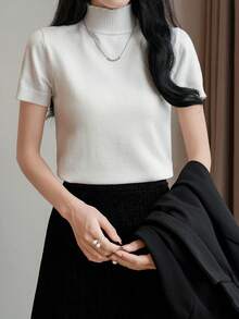 EMERY ROSE Women's Solid Color Minimalist Everyday Slim Fit Turtleneck Short Sleeve Top - White - View 3