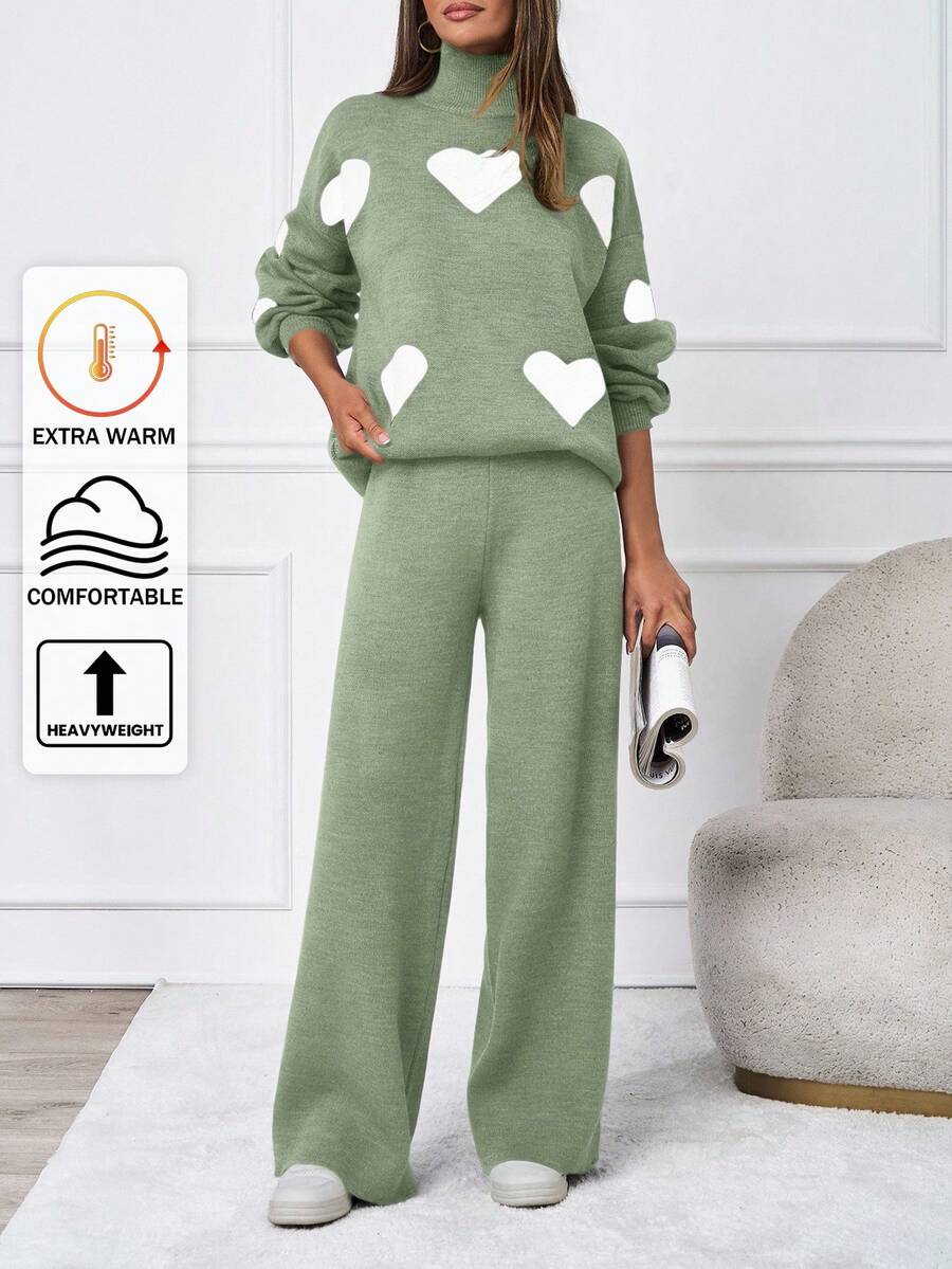 SHEIN Tall 2pcs/Set Casual Heart Pattern High Neck Sweater - Green - View 1