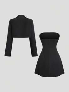 Sweetra 2 件套：优雅修身西装外套和露肩连衣裙，适合通勤、秋冬 - 黑色 - 查看 2