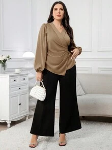 Modelyn Plus Size Solid Color Minimalist V-Neck Long Sleeve Shirt, Casual Everyday Wear - Khaki - View 6