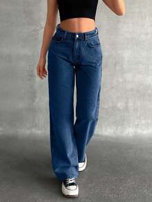EURMUSE High Waist Straight Leg Jean Carpenter - Dark Wash - View 6