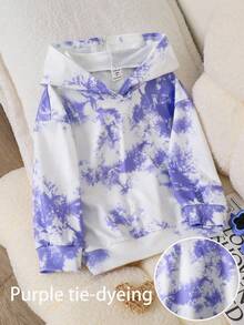 SHEIN 女童休闲长袖连帽扎染运动卫衣，紫色和白色长袖卫衣 - 紫色 - 查看 2