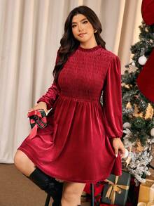 Elaquor Plus Size Women's Elegant Christmas Solid Velvet Ruffle Collar Lantern Sleeve Shirred Bodice Red Dress, Autumn Party Red, New Year Dress For Women - Red - View 4