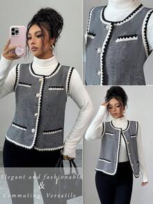 SHEIN Clasi Women's Round Neck Open Front Sleeveless Herringbone Tape Trim Jacket, Suitable For Office, Shopping, Commuting And Other Occasions, Carnival Night - Grey - View 1