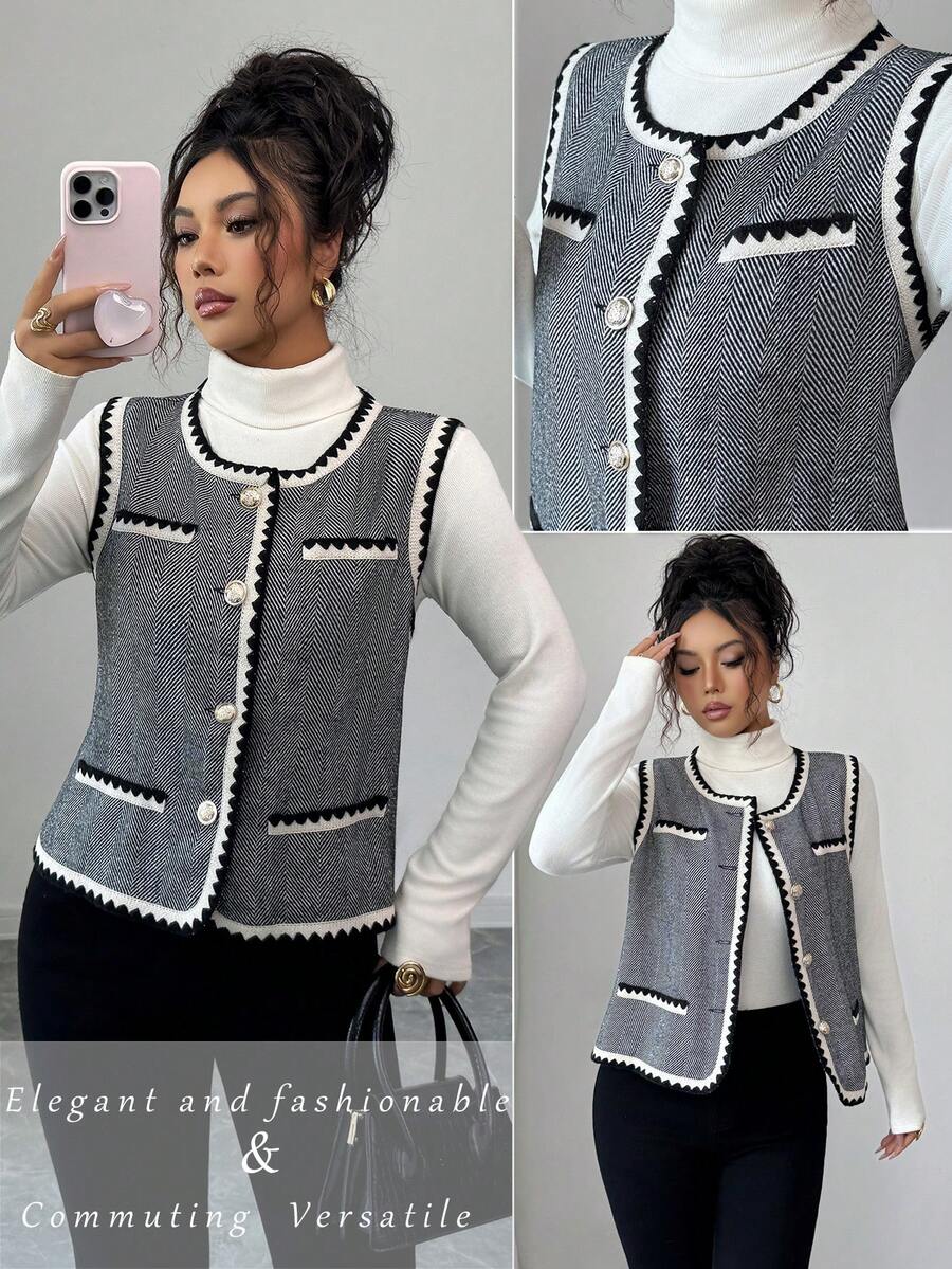 SHEIN Clasi Women's Round Neck Open Front Sleeveless Herringbone Tape Trim Jacket, Suitable For Office, Shopping, Commuting And Other Occasions, Carnival Night - Grey - View 1