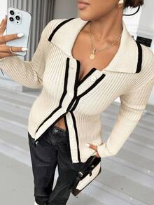 Calvaya Plus Size Women's Striped Long Sleeve Single-Breasted Casual Cardigan, Autumn/Winter Fall Cloth For Women - Apricot - View 1