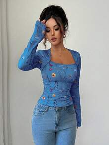 Elenzga 女士优雅 U 领花卉印花褶皱腰长袖 T 恤上衣，适合女性日常生活、派对、通勤、秋冬季 - 藍色 - 查看 6