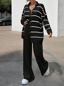 EURMUSE Women Striped Sweater Cardigan And Pant Set - Black - View 5