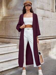 EURMUSE 女士纯色蝙蝠翼宽松休闲长款开衫 - 酒紅色 - 查看 4