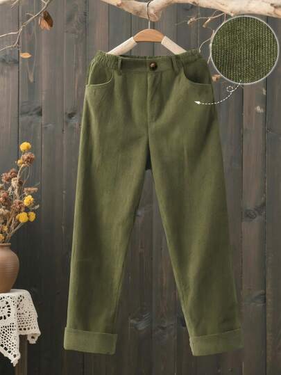 Omancia Pantalones de pana de unicolor casual para mujer, versátiles para el otoño
