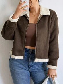 SHEIN Frenchy 加大码女式毛茸茸夹克，日常百搭深棕色保暖内衬厚外套，适合秋冬外出