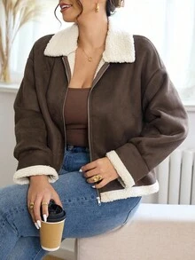 SHEIN Frenchy 加大码女式毛茸茸夹克，日常百搭深棕色保暖内衬厚外套，适合秋冬外出