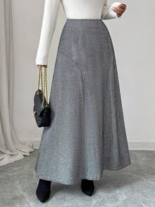 Elenzga Chân váy chữ A họa tiết xương cá thanh lịch kiểu Pháp cổ điển thu đông, phù hợp cho nữ công sở và mặc thường ngày. - Xám - Xem 4