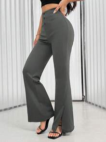 Chiquease Solid Color Front Button Flare Leg Elegant Split Hem Pants - Dark Grey - View 4