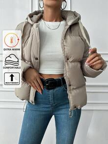 EURMUSE Zip Up Snap Button Drawstring Hooded Puffer Coat - Grey - View 1