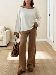 EURMUSE Women Contrast Collar Boat Neck Exposed Seam Detailed Pullover & Sweater Pants Set,Petite,Winter Clothes - Cream - View 4