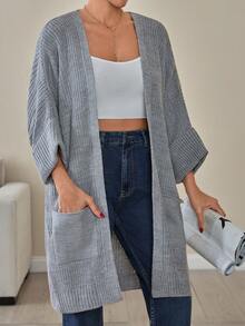 EURMUSE 女式波西米亚风格半开衫针织图案短袖长款开衫，带口袋边到边 - 灰色 - 查看 3