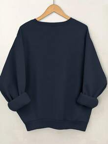 SHEIN LUNE 大码女式休闲字母印花圆领长袖运动衫，秋季 - 藏蓝色 - 查看 2
