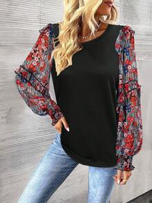 EMERY ROSE 女式休闲花卉印花喇叭袖宽松衬衫，春秋季 - 紅色 - 查看 6