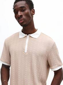 SUMWON 撞色领口和滚边短袖针织 Polo 衫，夏季高尔夫网球休闲装，纯色 - 卡其色 - 查看 5