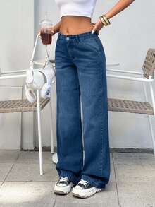 EURMUSE BLACK LOW WAIST BAGGY LOOSE STRAIGHT LEG JEAN - Medium Wash - View 5