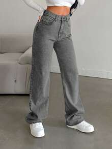 SHEIN Cottnline Snow Wash Straight Leg Jeans High Rise ,Petite Women - Grey - View 3