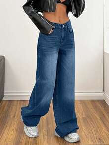 EURMUSE Low Waist Wash Detailed Wideleg Jean - Dark Wash - View 4