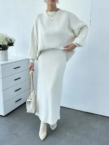 EURMUSE 女士纯色灯笼袖毛衣和毛衣裙套装