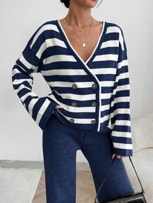 EURMUSE Women Stripe Pattern Front Button V-Neck Drop Shoulder Cardigan & Sweater Pants Set - Navy Blue - View 4