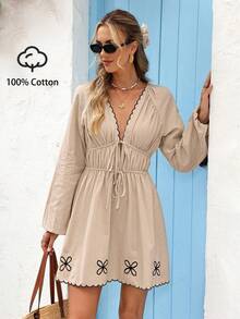 Vivid Eden Women's Vacation Casual Embroidered Lantern Sleeve Dress, Women Vacation Dress, Boho Summer Dress Women, Beige Dresses Women, Tan Dress Women, - Apricot - View 1