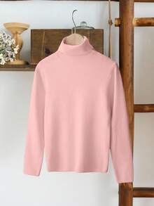 SHEIN Vintaside Kids 少女休闲纯色高领毛衣，高领女童抓绒高领毛衣，适合4岁女孩，可爱纯色冬季圣诞节万圣节毛衣，秋季套头衫 - 粉色 - 查看 8