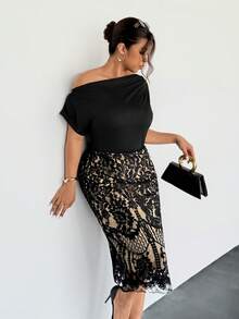 Firerie Plus Size Spring, Autumn & Winter Comfortable Casual Elegant Vacation Ruched One Shoulder Asymmetric-Shoulder Oblique Shoulder Lace Patchwork Professional Asymmetricice Commute Short Sleeve Midi Dress For Women