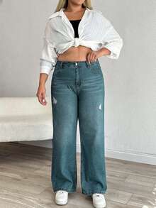 EURMUSE HIGH RISE STRAIGT CUT RIPPED PLUS SIZE WOMEN JEAN - Dusty Blue - View 4