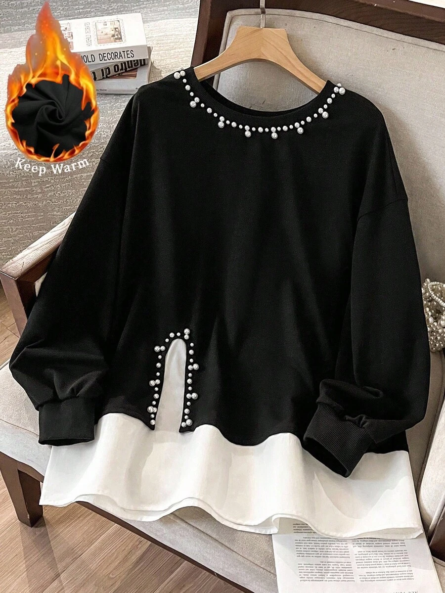 Lacomfia 1 件女士黑色长袖运动衫，时尚铆钉设计上衣 - 黑色 - 查看 1