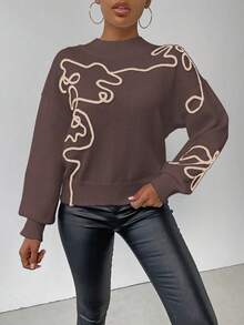 SHEIN LUNE Women's Contrast Color Pattern Turtleneck Long Sleeve Sweater - Coffee Brown - View 6