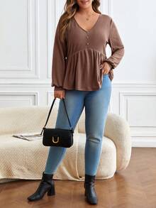 SHEIN Frenchy Plus Size Solid Color Minimalist Long Sleeve T-Shirt, Everyday Wear - Mocha Brown - View 4