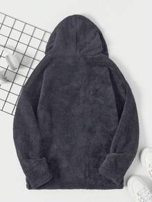 SHEIN Cottnline Men's Cartoon Smiling Face Embroidered Drawstring Hooded Fleece Sweatshirt, Autumn/Winter - Dark Grey - View 2