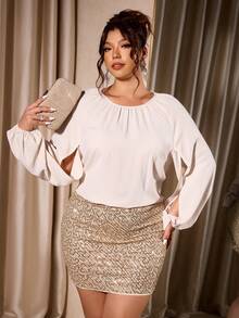 Cravure Plus Size Women's Elegant Party Outfit, Lantern Sleeve Top And Sequin Bodycon Skirt 2-Piece Set, Spring/Autumn/Winter - Apricot - View 4