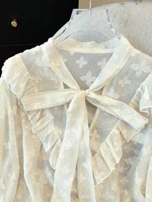 GlowEve CURVE Plus Size Women's Elegant White Summer Bridal Blouse,Chiffon Textured Bow V-Neck Pearl Frill Trim Long Sleeve,Versatile For Tea Party,Wedding & Dates - Apricot - View 5