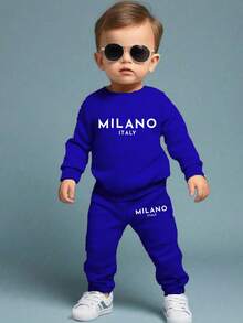 2 件套男婴休闲简约字母图案印花圆领运动衫和慢跑裤套装婴儿运动服 MILANO 运动衫套装 - 寶藍色 - 查看 1