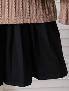 3pcs Girls Outfit: Apricot Ribbed Turtleneck Long Sleeve Top, Black Pleated Skirt, Apricot Fuzzy Vest - Apricot - View 6