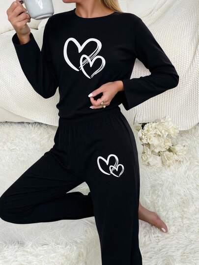 EURMUSE Cotton Women Contrast Colour Heart Pattern Long Sleeve Top&Pants Homewear Lounge Comfort Set For Ladies Cute Lounge Set Heart Pajama Set Women Lounge Set Long Sleeve Lounge Set Lounge Wear Set