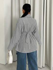 Sirith Women's Striped Minimalist Long Sleeve Shirt, Casual Everyday Wear - Black - View 4