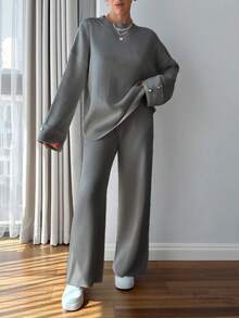 EURMUSE Women Button Detailed Sweater And Pant Set - Light Grey - View 4