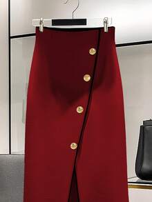 Franclia 优雅高腰开衩裙，时尚显瘦，适合秋冬 - 紅色 - 查看 5