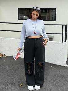 SHEIN CURVE+ Plus Size Women Street Style Fashion Distressed Pocket Denim Jeans Y2k Plus Size Ripped Jeans - Black - View 1