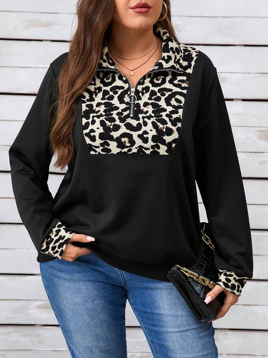 EMERY ROSE Plus Size Women Casual Sweatshirt With Zipper Collar And Leopard Print Raglan Sleeves, Autumn/Winter - Black - View 1