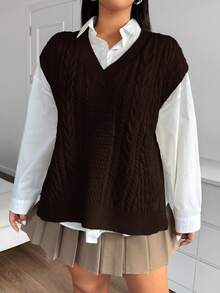 Vibekara Áo khoác cardigan dài tay buộc phía trước thường ngày cỡ lớn cho nữ - Cà phê nâu - Xem 4